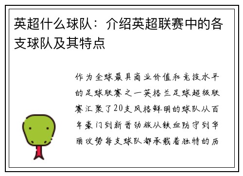 英超什么球队：介绍英超联赛中的各支球队及其特点