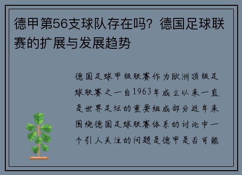 德甲第56支球队存在吗？德国足球联赛的扩展与发展趋势